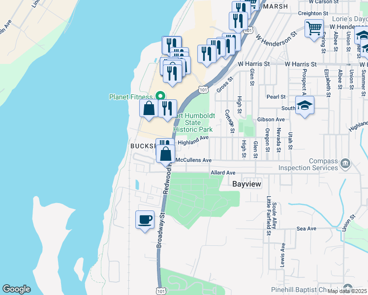 map of restaurants, bars, coffee shops, grocery stores, and more near 1615 Highland Avenue in Eureka
