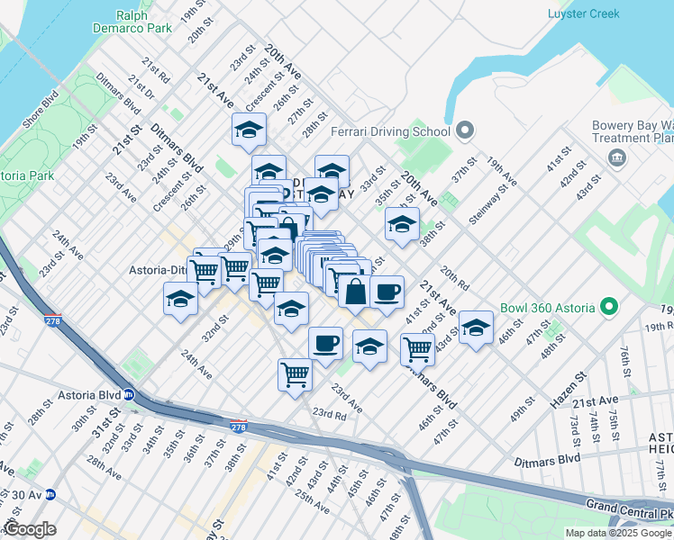 map of restaurants, bars, coffee shops, grocery stores, and more near 21-62 36th Street in Queens