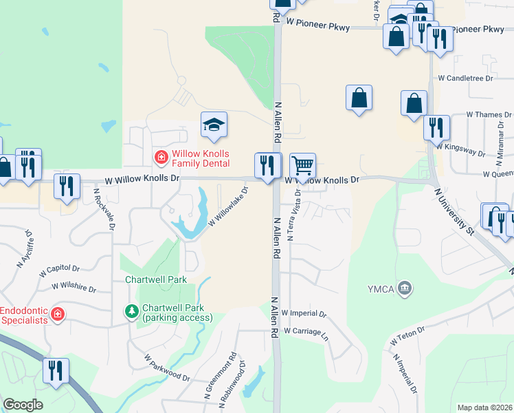 map of restaurants, bars, coffee shops, grocery stores, and more near 2622 West Willowlake Drive in Peoria