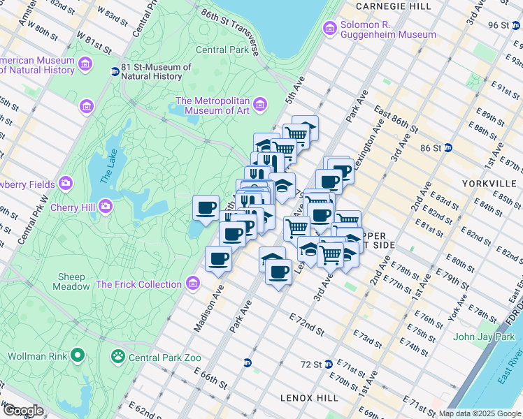 map of restaurants, bars, coffee shops, grocery stores, and more near 44 East 77th Street in New York