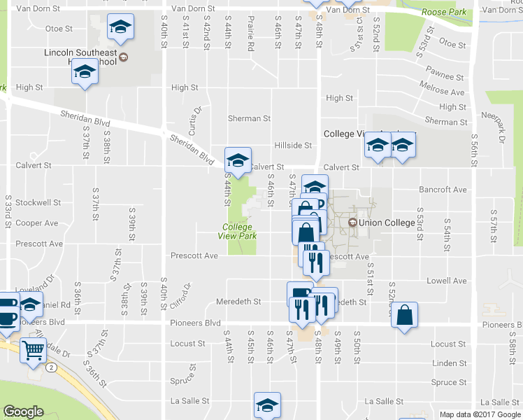 map of restaurants, bars, coffee shops, grocery stores, and more near Stockwell Street in Lincoln