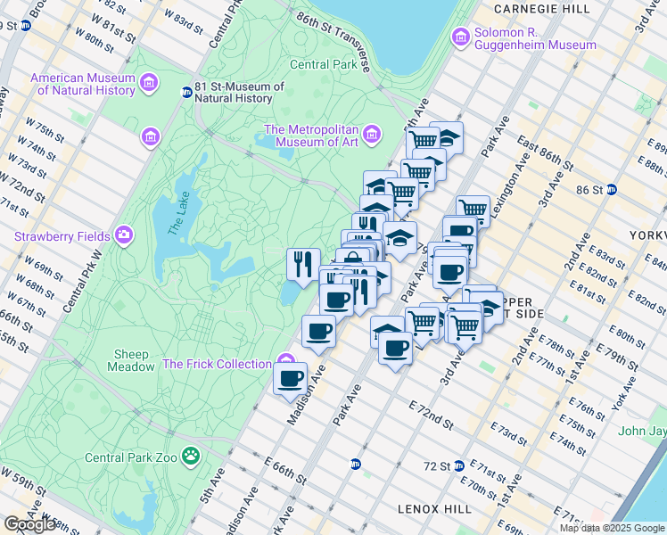 map of restaurants, bars, coffee shops, grocery stores, and more near 1 East 76th Street in New York