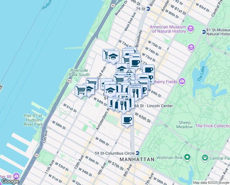 map of restaurants, bars, coffee shops, grocery stores, and more near 200 West 67th Street in New York
