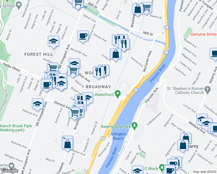 map of restaurants, bars, coffee shops, grocery stores, and more near 280 Oraton Street in Newark