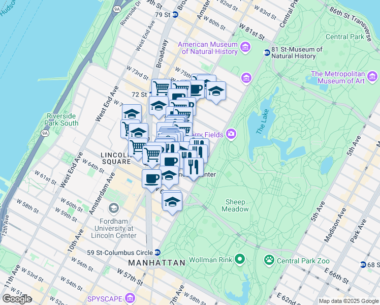 map of restaurants, bars, coffee shops, grocery stores, and more near 33 West 69th Street in New York