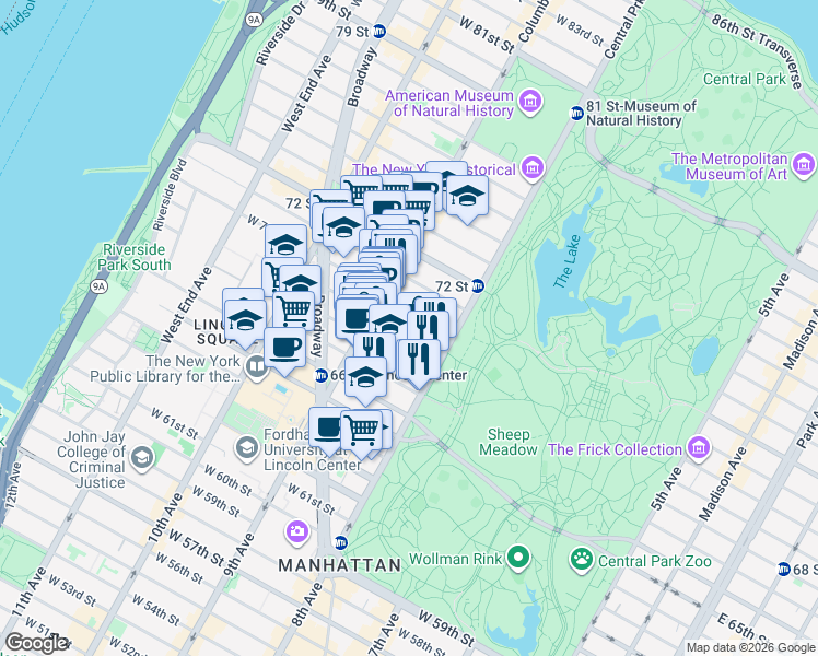 map of restaurants, bars, coffee shops, grocery stores, and more near 35 West 69th Street in New York