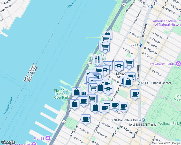 map of restaurants, bars, coffee shops, grocery stores, and more near Riverside Blvd & W 63rd St in New York