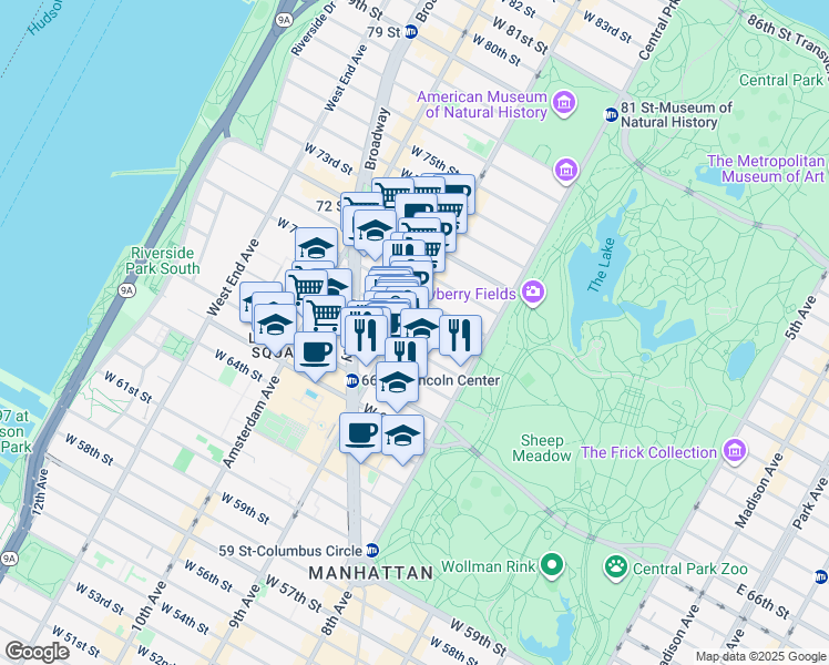map of restaurants, bars, coffee shops, grocery stores, and more near 68 West 69th Street in New York