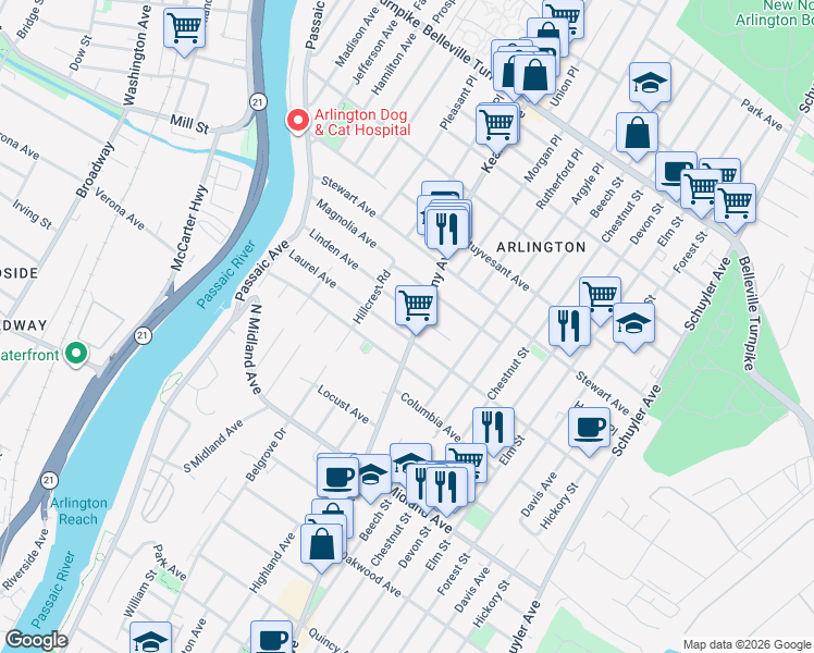 map of restaurants, bars, coffee shops, grocery stores, and more near 663 Kearny Avenue in Kearny