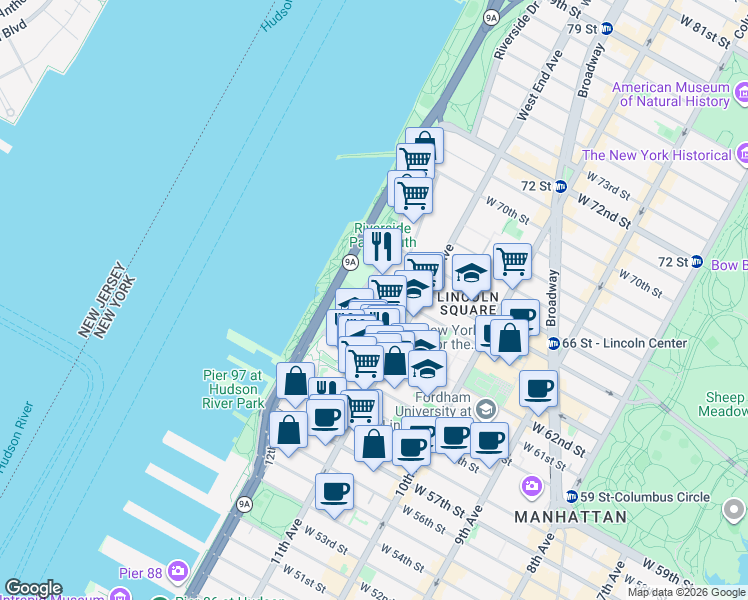 map of restaurants, bars, coffee shops, grocery stores, and more near 80 Riverside Boulevard in New York