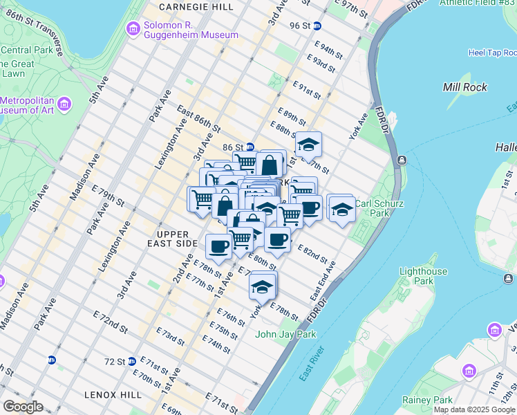 map of restaurants, bars, coffee shops, grocery stores, and more near 354 East 83rd Street in New York