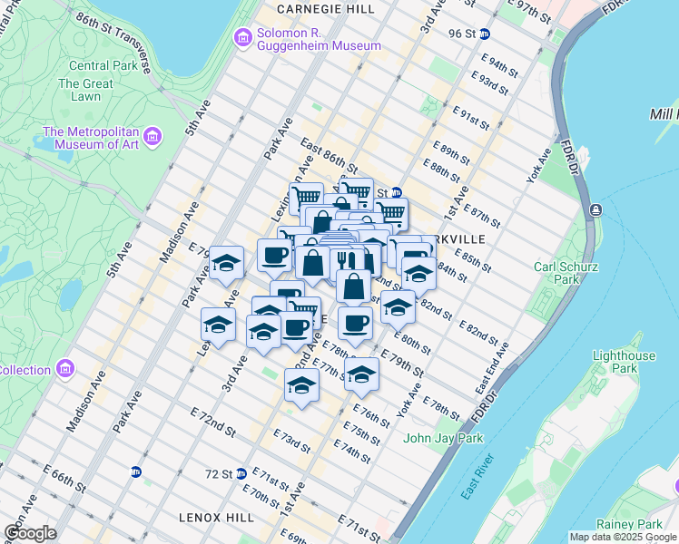 map of restaurants, bars, coffee shops, grocery stores, and more near 1553 2nd Avenue in New York