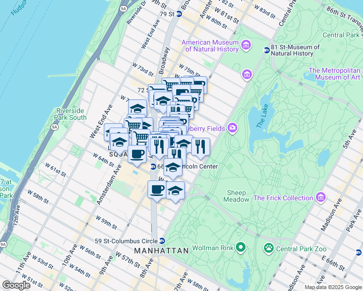 map of restaurants, bars, coffee shops, grocery stores, and more near 66 West 69th Street in New York