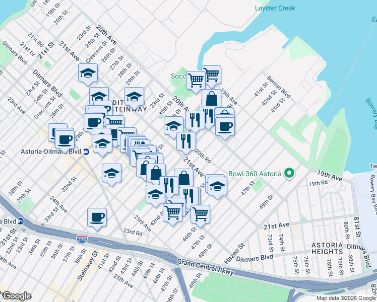 map of restaurants, bars, coffee shops, grocery stores, and more near 20-79 Steinway Street in Queens
