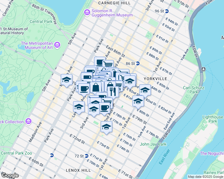 map of restaurants, bars, coffee shops, grocery stores, and more near 220 East 81st Street in New York