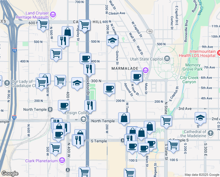 map of restaurants, bars, coffee shops, grocery stores, and more near 250 North 200 West in Salt Lake City