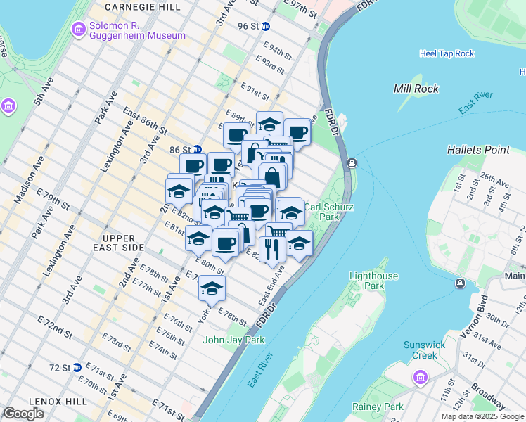 map of restaurants, bars, coffee shops, grocery stores, and more near 1602 York Avenue in New York