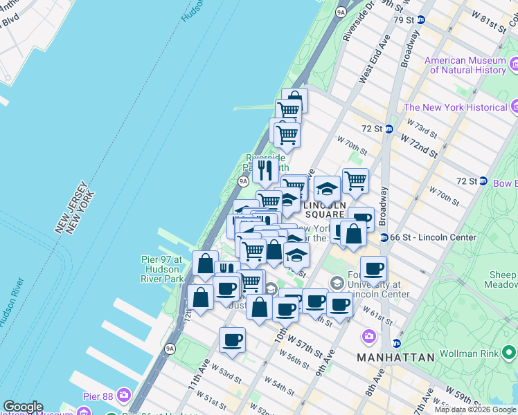 map of restaurants, bars, coffee shops, grocery stores, and more near 60 Riverside Boulevard in New York