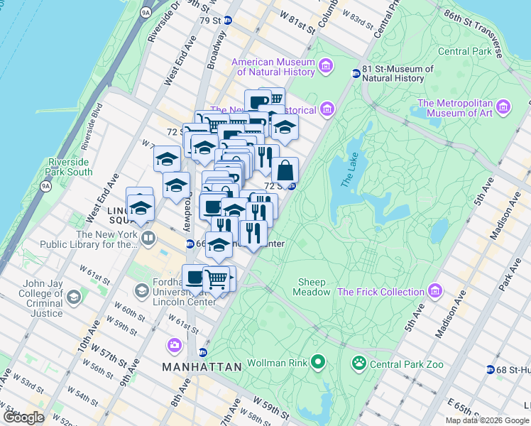 map of restaurants, bars, coffee shops, grocery stores, and more near 24 West 70th Street in New York