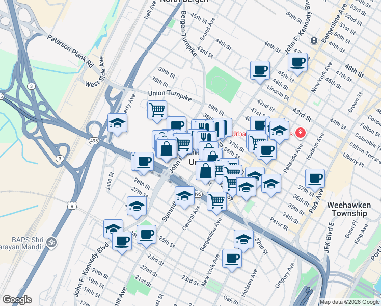 map of restaurants, bars, coffee shops, grocery stores, and more near in Union City