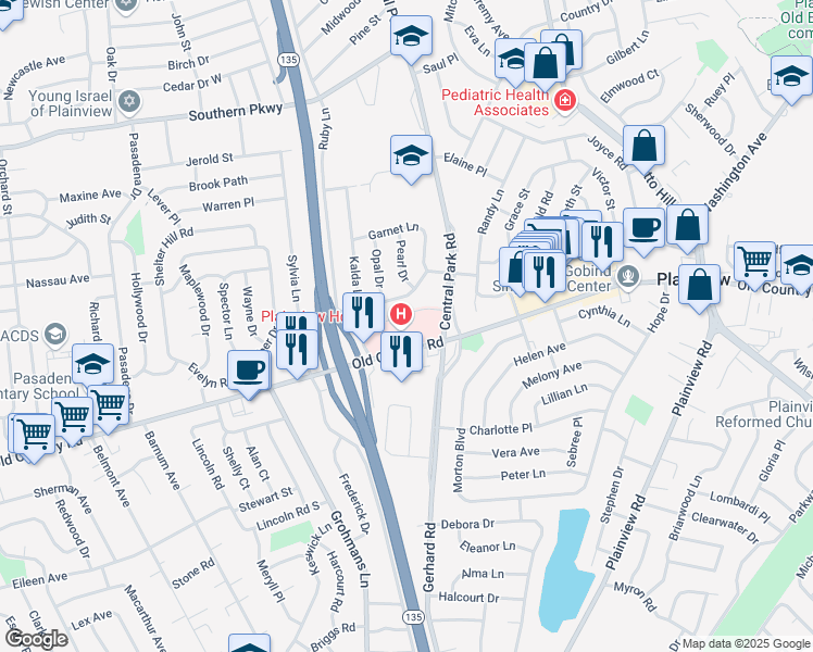 map of restaurants, bars, coffee shops, grocery stores, and more near 888 Old Country Road in Plainview