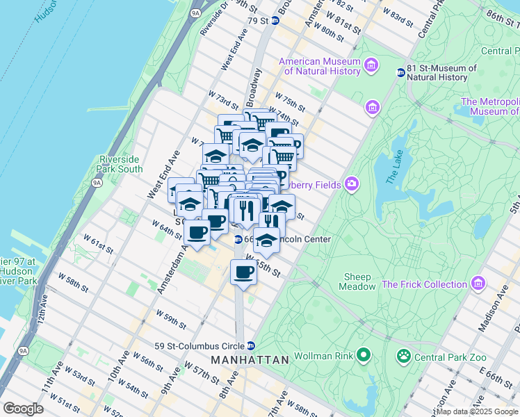 map of restaurants, bars, coffee shops, grocery stores, and more near 180 Columbus Avenue in New York