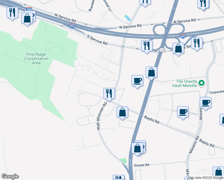 map of restaurants, bars, coffee shops, grocery stores, and more near 2 Pineridge Street in Melville