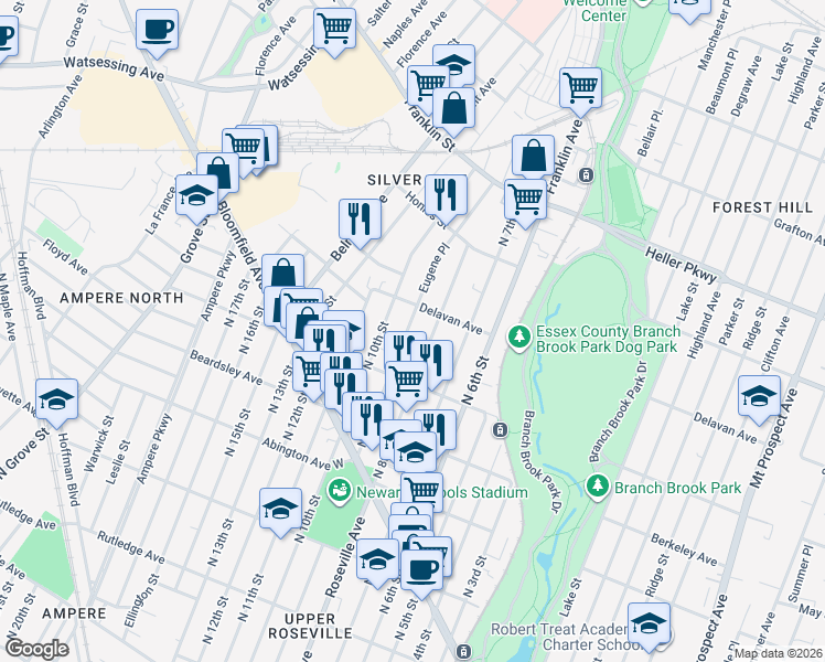 map of restaurants, bars, coffee shops, grocery stores, and more near 677 North 8th Street in Newark
