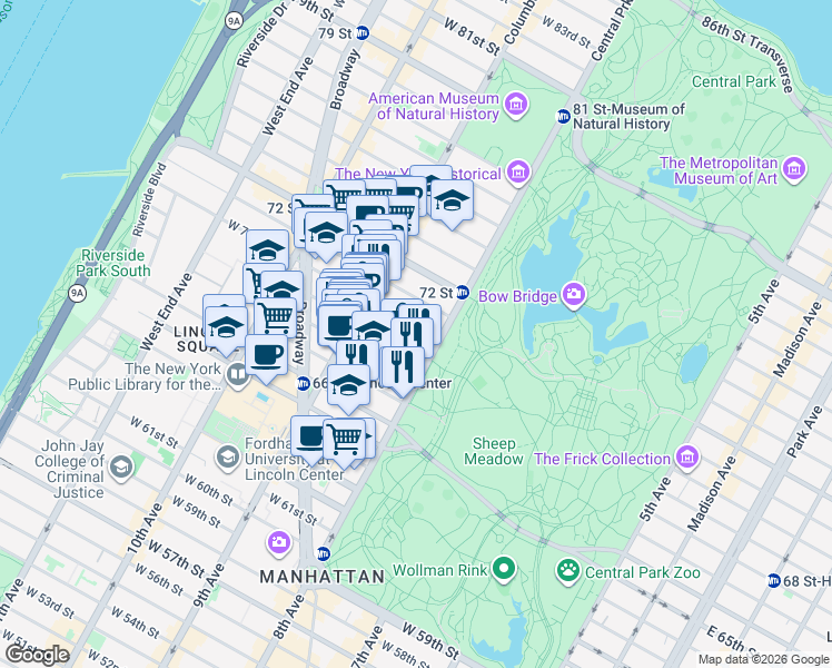 map of restaurants, bars, coffee shops, grocery stores, and more near 88 Central Park West in New York