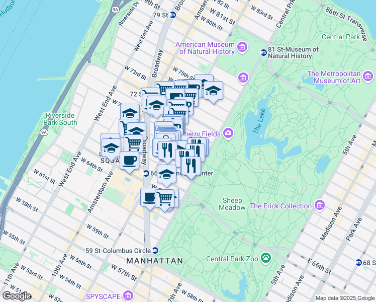 map of restaurants, bars, coffee shops, grocery stores, and more near 88 Central Park West in New York