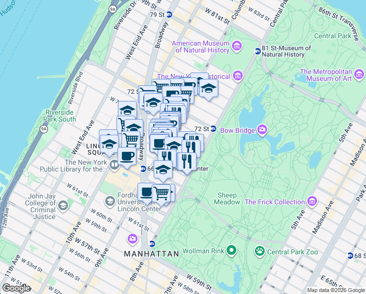 map of restaurants, bars, coffee shops, grocery stores, and more near 35 West 69th Street in New York