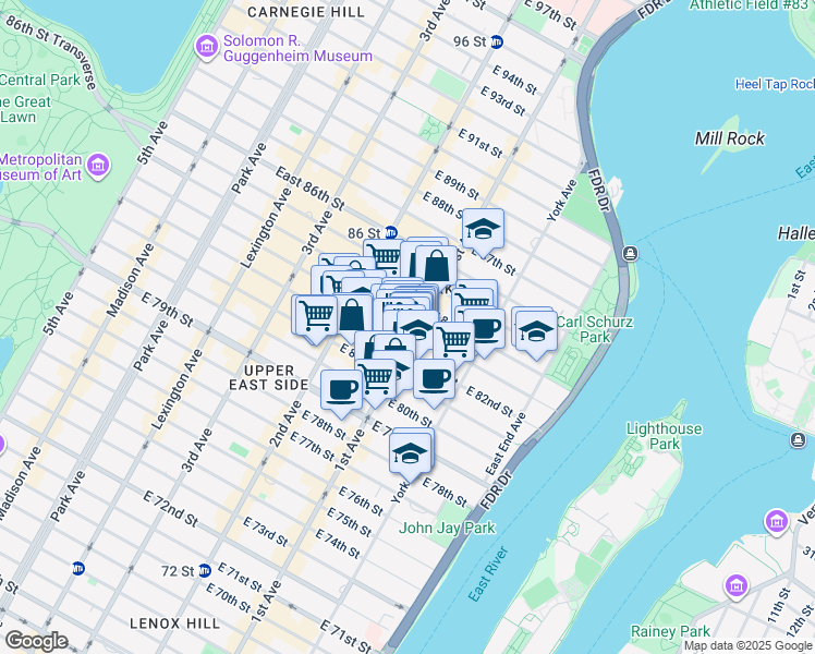 map of restaurants, bars, coffee shops, grocery stores, and more near 355 East 83rd Street in New York