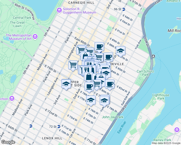 map of restaurants, bars, coffee shops, grocery stores, and more near 300 East 82nd Street in New York