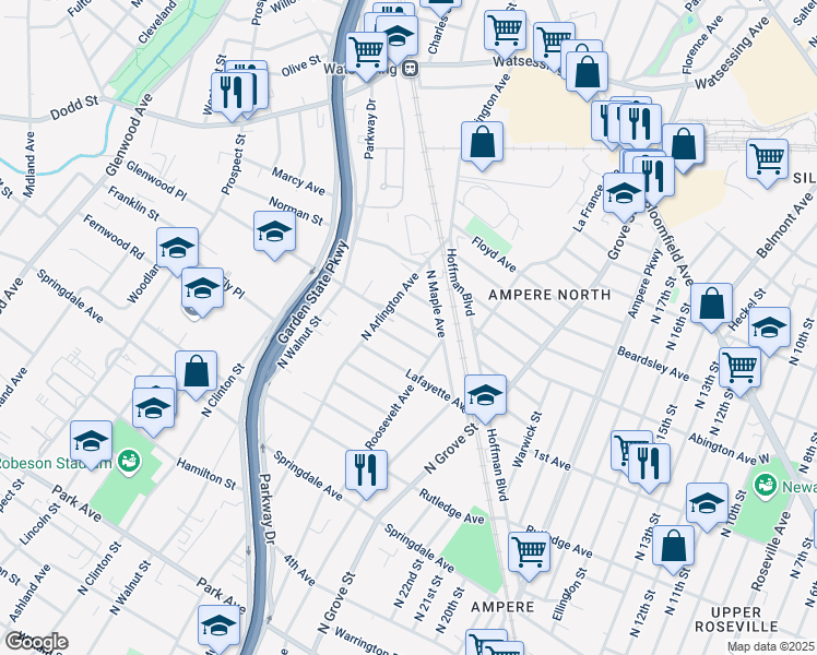 map of restaurants, bars, coffee shops, grocery stores, and more near 27 Madison Avenue in East Orange