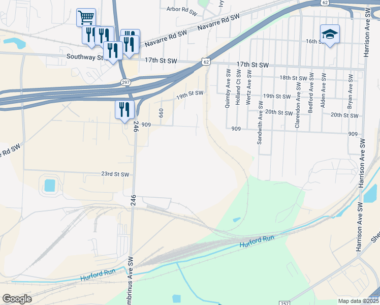 map of restaurants, bars, coffee shops, grocery stores, and more near 2408 Gambrinus Avenue Southwest in Canton