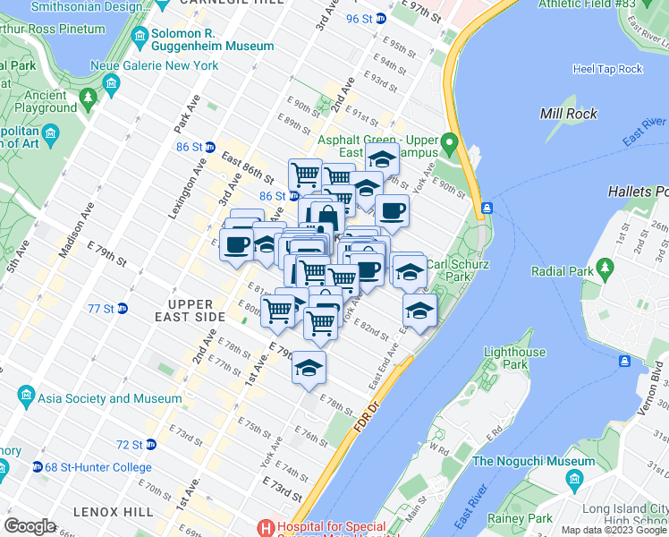 map of restaurants, bars, coffee shops, grocery stores, and more near 420 East 84th Street in New York