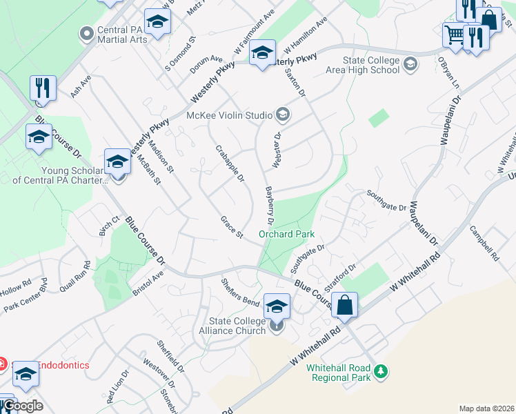 map of restaurants, bars, coffee shops, grocery stores, and more near 1044 Crabapple Drive in State College