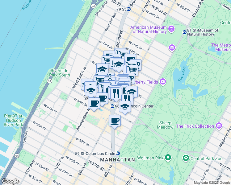 map of restaurants, bars, coffee shops, grocery stores, and more near 1998 Broadway in New York