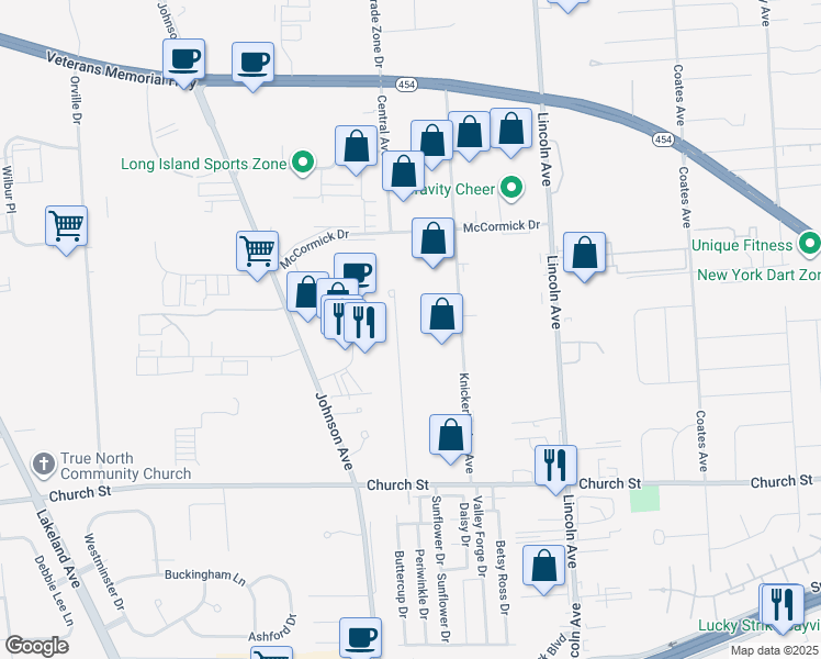 map of restaurants, bars, coffee shops, grocery stores, and more near 279 Central Avenue in Bohemia
