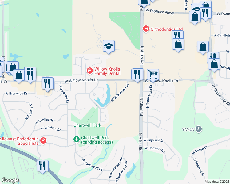 map of restaurants, bars, coffee shops, grocery stores, and more near 7239 North Lakeside Court in Peoria
