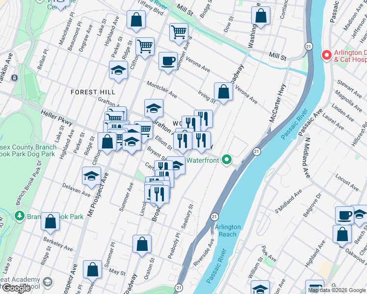 map of restaurants, bars, coffee shops, grocery stores, and more near 76 Grafton Avenue in Newark