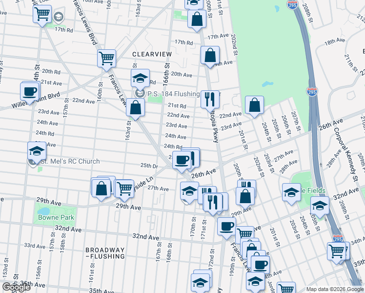 map of restaurants, bars, coffee shops, grocery stores, and more near 24-39 169th Street in Queens