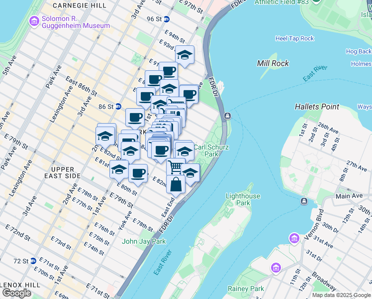 map of restaurants, bars, coffee shops, grocery stores, and more near 120 East End Avenue in New York