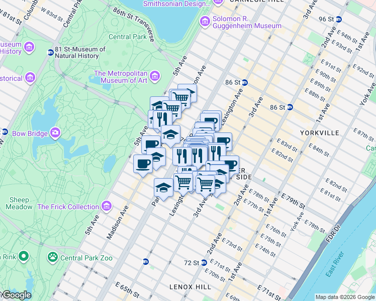 map of restaurants, bars, coffee shops, grocery stores, and more near 108 East 78th Street in New York