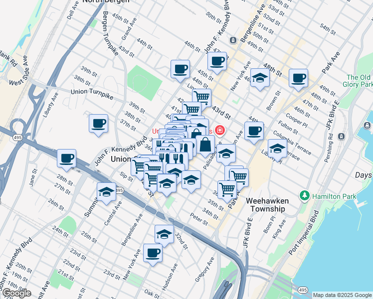 map of restaurants, bars, coffee shops, grocery stores, and more near 408 37th Street in Union City