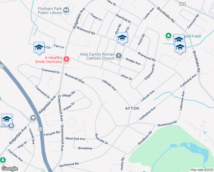 map of restaurants, bars, coffee shops, grocery stores, and more near 52 Hillside Avenue in Florham Park