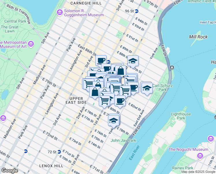 map of restaurants, bars, coffee shops, grocery stores, and more near 326 East 83rd Street in New York