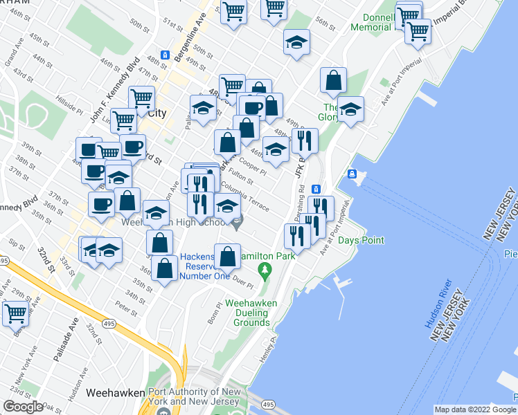 map of restaurants, bars, coffee shops, grocery stores, and more near 20 Clifton Terrace in Weehawken