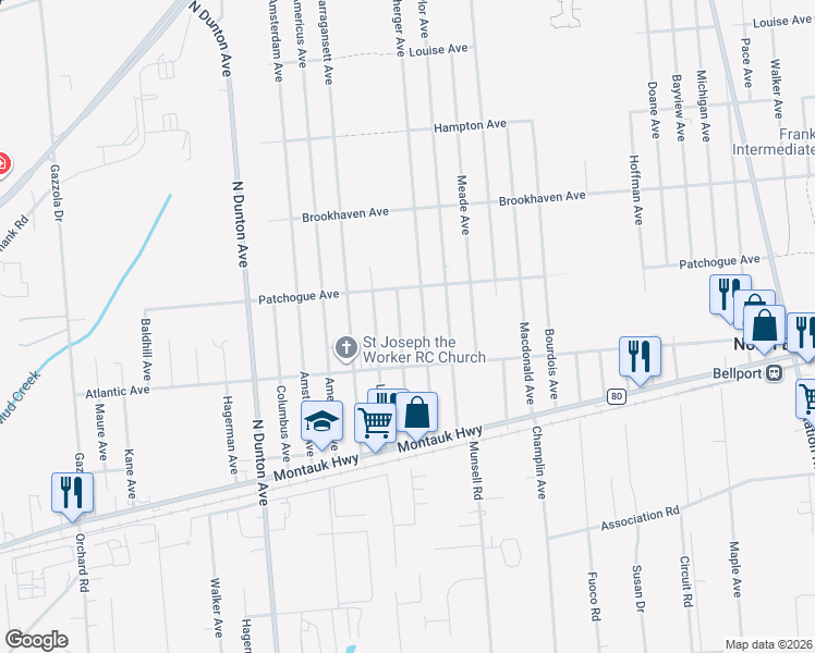 map of restaurants, bars, coffee shops, grocery stores, and more near 515 Donegan Avenue in East Patchogue