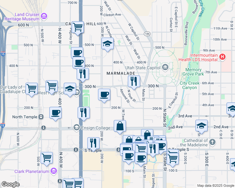 map of restaurants, bars, coffee shops, grocery stores, and more near 226 West Temple in Salt Lake City